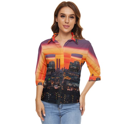 Downtown Skyline Sunset Buildings Women s Quarter Sleeve Pocket Shirt by Ravend