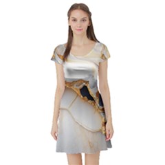 Marble Stone Abstract Gold White Short Sleeve Skater Dress