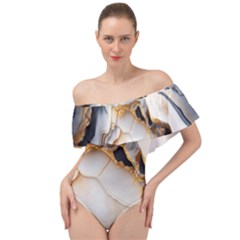 Marble Stone Abstract Gold White Off Shoulder Velour Bodysuit 