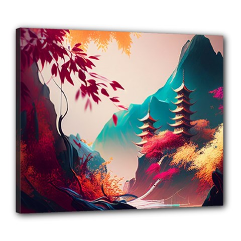 Asia Japan Pagoda Colorful Vintage Canvas 24  X 20  (stretched) by Ravend