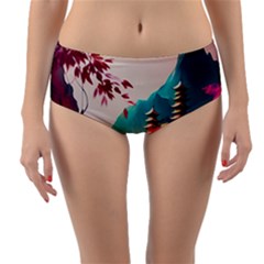 Asia Japan Pagoda Colorful Vintage Reversible Mid-waist Bikini Bottoms by Ravend