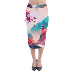 Asia Japan Pagoda Colorful Vintage Velvet Midi Pencil Skirt by Ravend