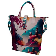 Asia Japan Pagoda Colorful Vintage Buckle Top Tote Bag