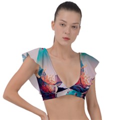 Asia Japan Pagoda Colorful Vintage Plunge Frill Sleeve Bikini Top by Ravend