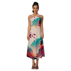 Asia Japan Pagoda Colorful Vintage Sleeveless Cross Front Cocktail Midi Chiffon Dress by Ravend