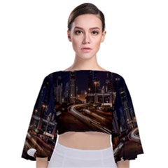 Skyscrapers Buildings Skyline Tie Back Butterfly Sleeve Chiffon Top