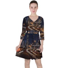 Skyscrapers Buildings Skyline Quarter Sleeve Ruffle Waist Dress