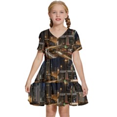 Skyscrapers Buildings Skyline Kids  Short Sleeve Tiered Mini Dress by Ravend