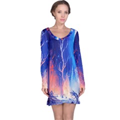 Winter Snow Mountain Fire Flame Long Sleeve Nightdress