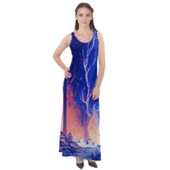 Winter Snow Mountain Fire Flame Sleeveless Velour Maxi Dress