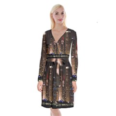 Chicago City Architecture Downtown Long Sleeve Velvet Front Wrap Dress