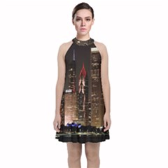 Chicago City Architecture Downtown Velvet Halter Neckline Dress 