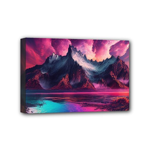 Ai Generated Mountain Ocean Lava Mini Canvas 6  X 4  (stretched)