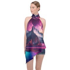 Ai Generated Mountain Ocean Lava Halter Asymmetric Satin Top