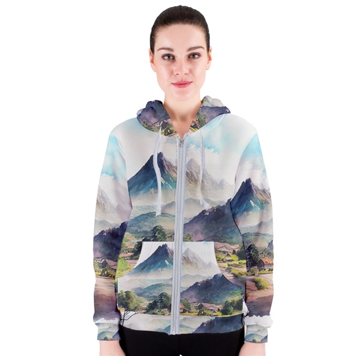 Countryside Trees Grass Mountain Women s Zipper Hoodie