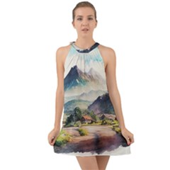 Countryside Trees Grass Mountain Halter Tie Back Chiffon Dress