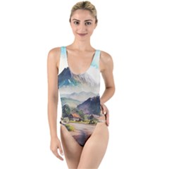 Countryside Trees Grass Mountain High Leg Strappy Swimsuit