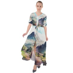 Countryside Trees Grass Mountain Waist Tie Boho Maxi Dress