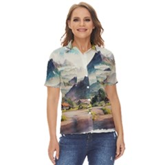 Countryside Trees Grass Mountain Women s Short Sleeve Double Pocket Shirt