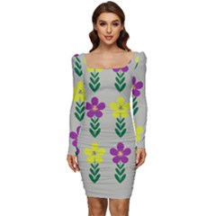 Pattern Flowers Art Creativity Women Long Sleeve Ruched Stretch Jersey Dress