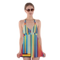 Colorful Rainbow Striped Pattern Halter Dress Swimsuit  by Uceng