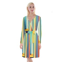 Colorful Rainbow Striped Pattern Long Sleeve Velvet Front Wrap Dress by Uceng