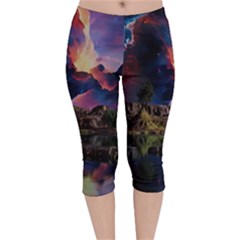 Lake Galaxy Stars Science Fiction Velvet Capri Leggings  by Uceng