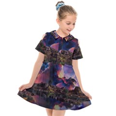 Lake Galaxy Stars Science Fiction Kids  Short Sleeve Shirt Dress by Uceng