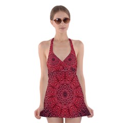 Red Wallpaper Mandala Pattern Art Halter Dress Swimsuit  by Uceng