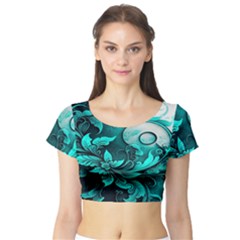 Turquoise Flower Background Short Sleeve Crop Top