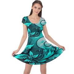 Turquoise Flower Background Cap Sleeve Dress