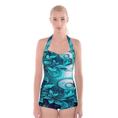 Turquoise Flower Background Boyleg Halter Swimsuit 