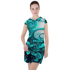 Turquoise Flower Background Drawstring Hooded Dress