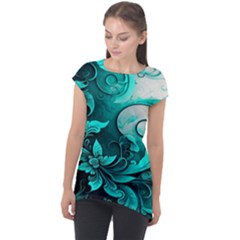 Turquoise Flower Background Cap Sleeve High Low Top