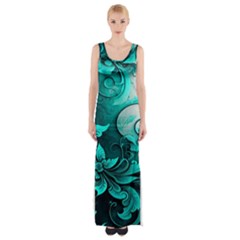 Turquoise Flower Background Thigh Split Maxi Dress