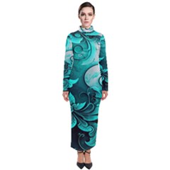 Turquoise Flower Background Turtleneck Maxi Dress