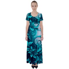 Turquoise Flower Background High Waist Short Sleeve Maxi Dress