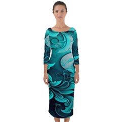 Turquoise Flower Background Quarter Sleeve Midi Bodycon Dress