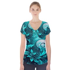 Turquoise Flower Background Short Sleeve Front Detail Top