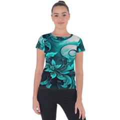 Turquoise Flower Background Short Sleeve Sports Top  by artworkshop