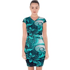 Turquoise Flower Background Capsleeve Drawstring Dress 