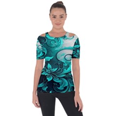 Turquoise Flower Background Shoulder Cut Out Short Sleeve Top