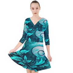 Turquoise Flower Background Quarter Sleeve Front Wrap Dress