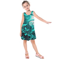 Turquoise Flower Background Kids  Sleeveless Dress