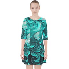 Turquoise Flower Background Quarter Sleeve Pocket Dress