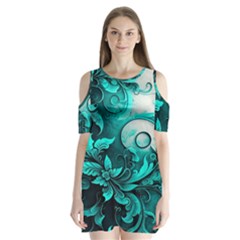 Turquoise Flower Background Shoulder Cutout Velvet One Piece