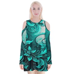 Turquoise Flower Background Velvet Long Sleeve Shoulder Cutout Dress