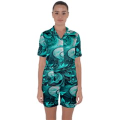 Turquoise Flower Background Satin Short Sleeve Pajamas Set