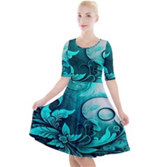 Turquoise Flower Background Quarter Sleeve A-Line Dress