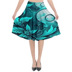 Turquoise Flower Background Flared Midi Skirt